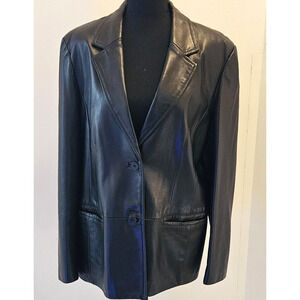 Danier Women Black Leather Notch Collar Lg Sleeve Front Button Jacket SZ 14- 16
